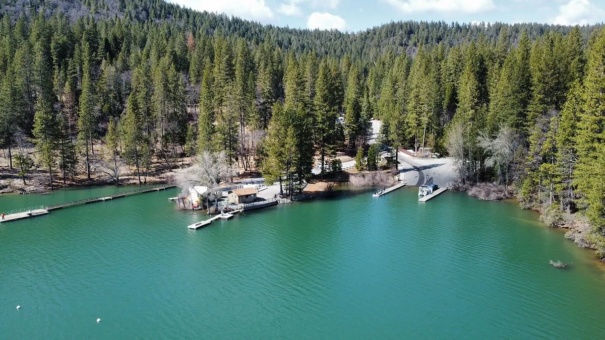 An aerial view of the marina and docks at Scott's Flat Lake