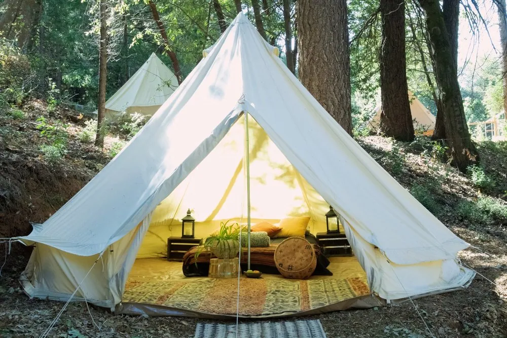A canvas glamping tent glowing from within at dusk, on a platform under the pines