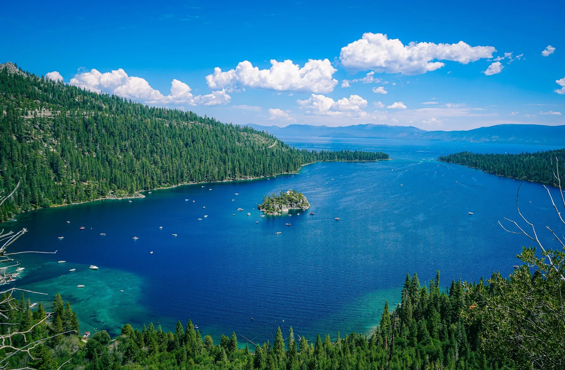 Emerald Bay on Lake Tahoe, its island and deep blue water ringed by pine slopes