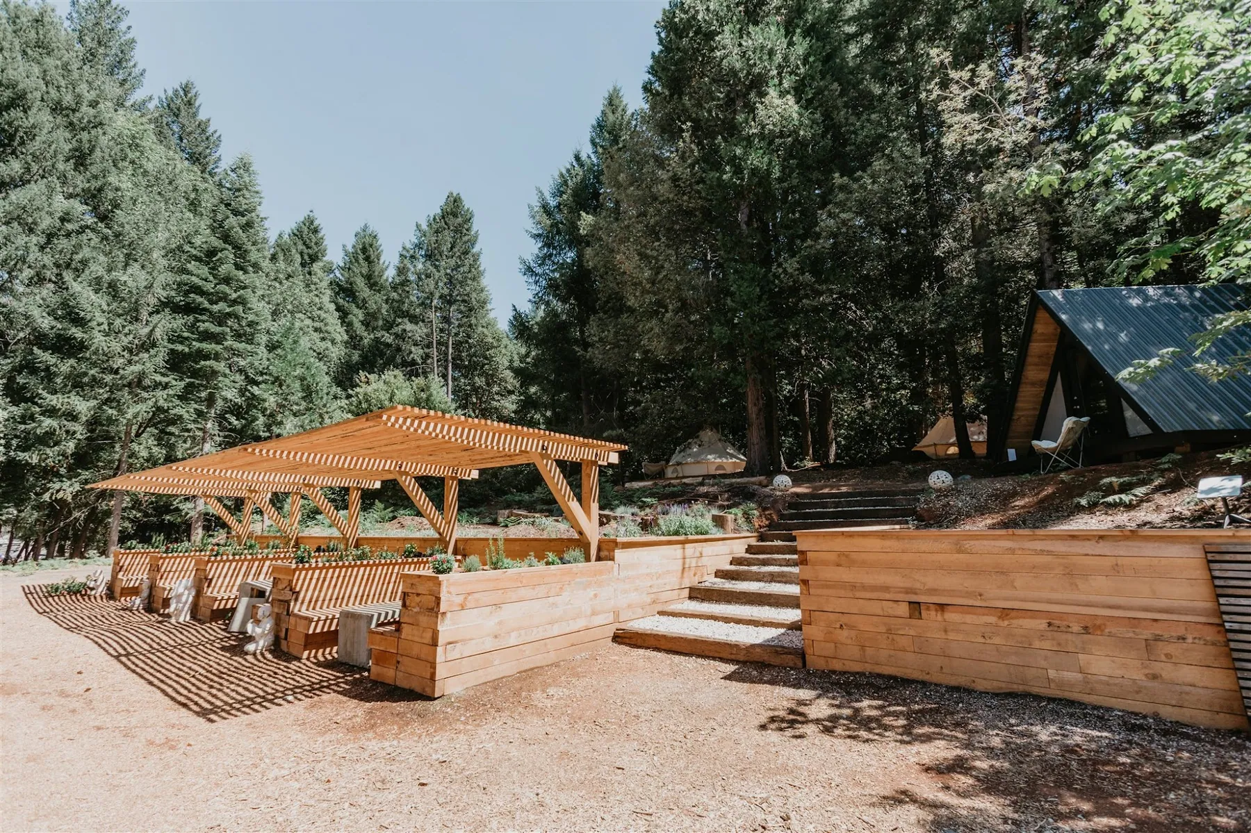 A timber pergola with built-in benches beside the raised garden beds