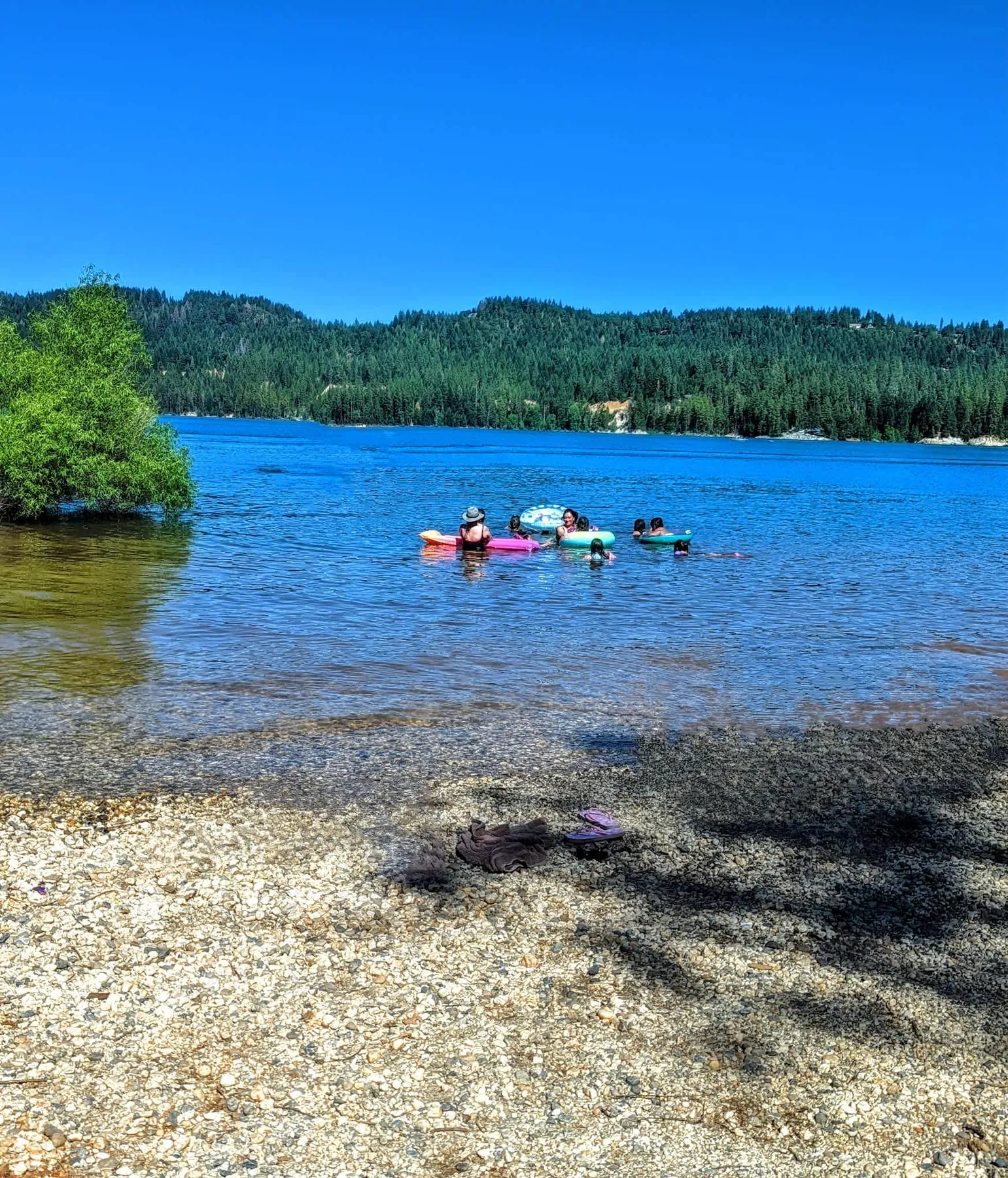 Swimmers and floats in the shallows at a Scott's Flat Lake beach